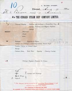 Baggage Contract, Cunard Line, 1904