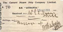 Receipt for Baggage loaded on to SS Aurania of Cunard Line 1904