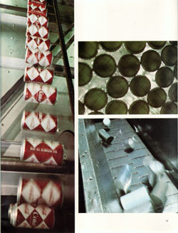 Thousands of cans can be held in Barker accumulator to pace production line. (1968 Annual Report)
