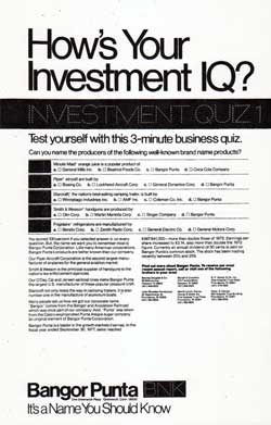 How's Your Investment IQ? Investment Quiz 1 - 1978 Bangor Punta Print Advertisement