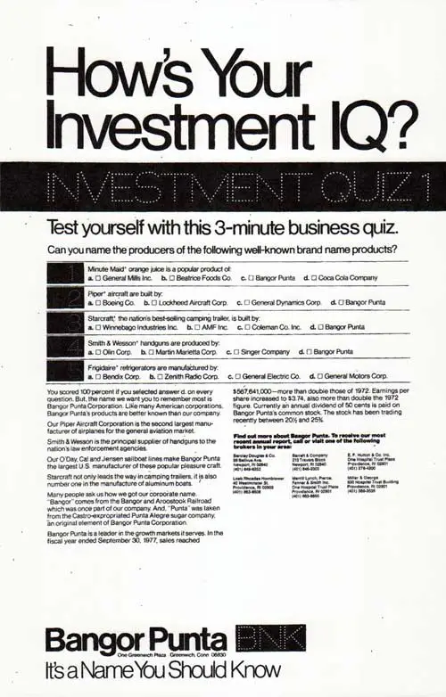 How's Your Investment IQ? Investment Quiz 1 - 1978 Bangor Punta Print Advertisement