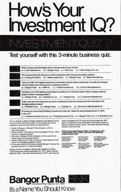 How's Your Investment IQ? Investment Quiz 2 - Bangor Punta 1978 Print Advertisement