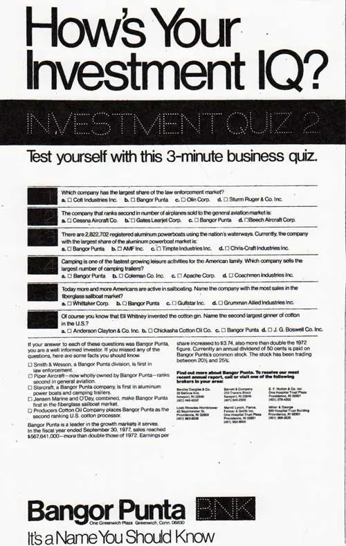 How's Your Investment IQ? Investment Quiz 2 - Bangor Punta 1978 Print Advertisement