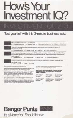 How's Your Investment IQ? Ivestment Quiz 3 - Bangor Punta Print Advertisement 1978