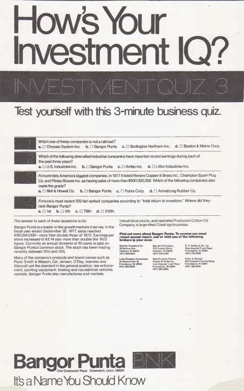 How's Your Investment IQ? Ivestment Quiz 3 - Bangor Punta Print Advertisement 1978