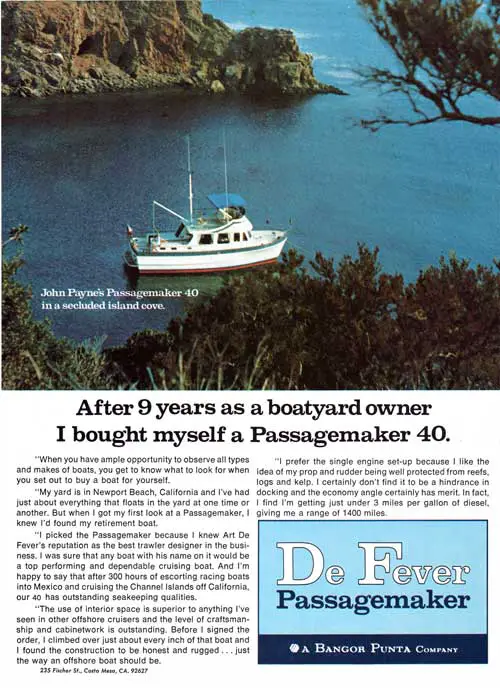 John Payne's Passagemaker 40 in a secluded island cove. 1972 Print Advertisement.