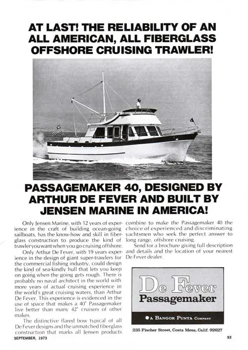 Passagemaker 40, Designed by Arthur De Fever and Built by Jensen Marine - 1973 Print Advertisement