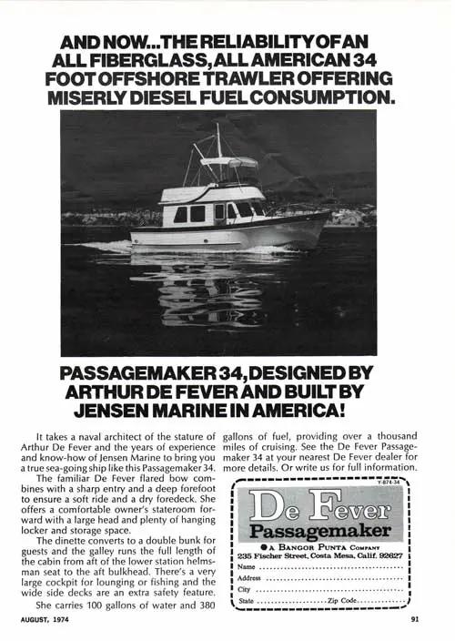 De Fever Passagemaker 34 Offshore Trawler - 1974 Print Advertisement