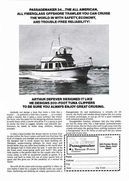 The All American, All Fiberglass Offshore Trawler De Fever Passagemaker 34.