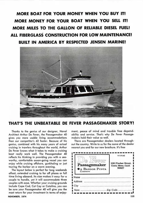 The Unbeatable De Fever Passagemaker40 Story. 1974 Print Advertisement.