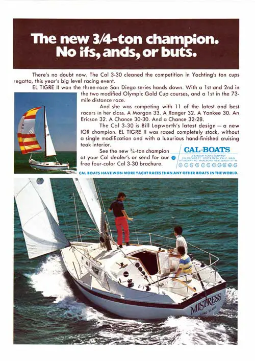 The new 3/4-Ton Champion - The CAL 3-30 Racing Yacht. 1974 Print Advertisement.