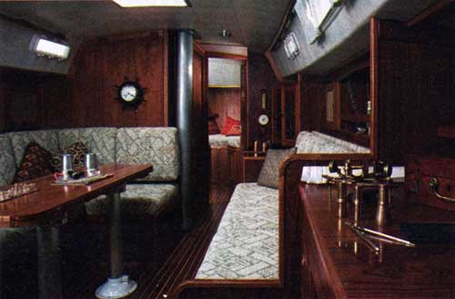 CAL 29 Main Cabin with Teak Paneling, Teak and Holly Cabin Sole.