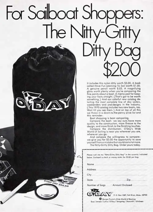 For Sailboat Shoppers: The Nitty-Gritty Ditty Bag $2.00 From O'Day. (1970)