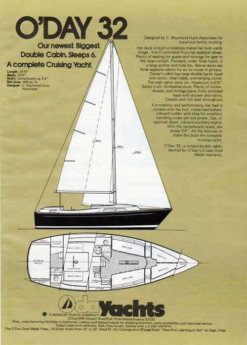 O'Day 32 Yacht - Newest, Biggest Double Cabin. 1974 Print Advertisement.