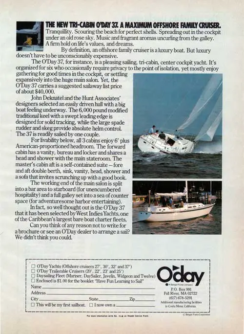 The New Tri-Cabin O'Day 37. A Maximum Offshore Family Cruiser. 1978 Print Advertisement.