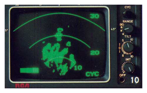 RCA WeatherScout I radar keeps you informed of conditions ahead with an antenna housed in the wing's leading edge. - 1980 Brochure