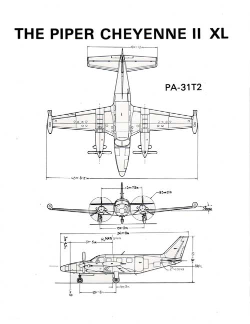Schematic Drawing and Dimensions of the Piper Cheyenne II XL from 1981