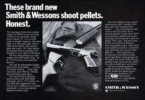 These brand new Smith & Wessons shoot pellets.  Honest. - 1971 Half-Page Print Advertisement.