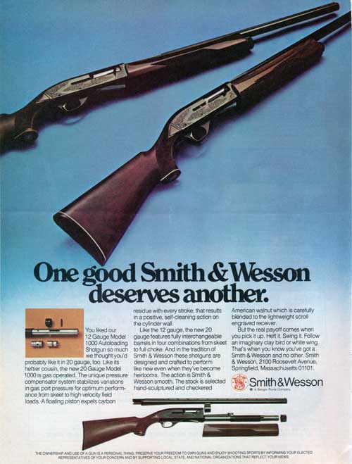 The Model 1000 Smith & Wesson Autoloading Shotgun - shown in 12 and 20 guage versions.