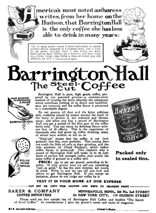 Barrington Hall Coffee Advertisement, Effective Magazine Advertising, 1909.