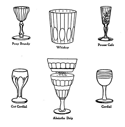 Plate 1: Pony Brandy, Whiskey, Pousse Café, Cut Cordial, Absinthe Drip, Cordial