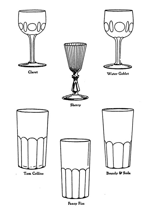 Plate 2: Claret, Sherry, Water Goblet, Tom Collins, Fancy Fizz, Brandy & Soda