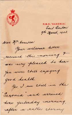 Letter Written by J. W. Bailey on Board the RMS Saxonia - 1903