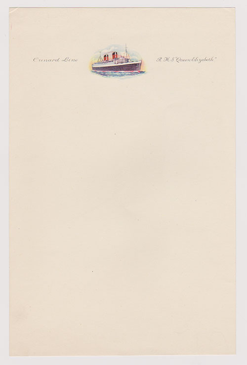 Cunard Line RMS Queen Elizabether 6 1/2 x 10 Letterhead Stationery.