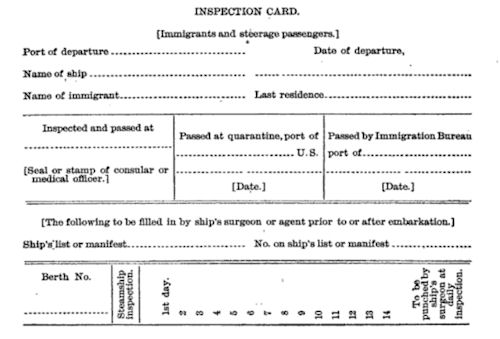 Inspection Card for Immigrants and Steerage Passengers, Front Side