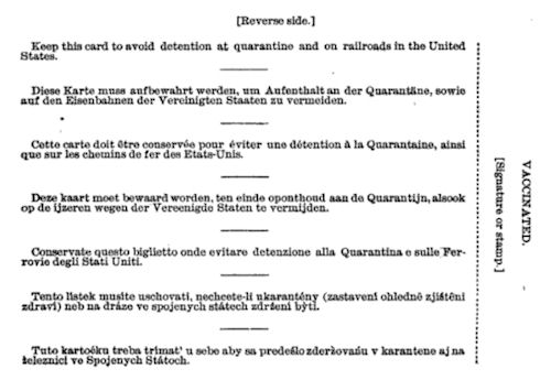 Back Side of Inspection Card for Immigrants and Steerage Passengers, 1893 Version.