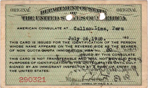 Reverse Side of Immigrant Identification Card for Non-Quota Immigration Visa - 1928.