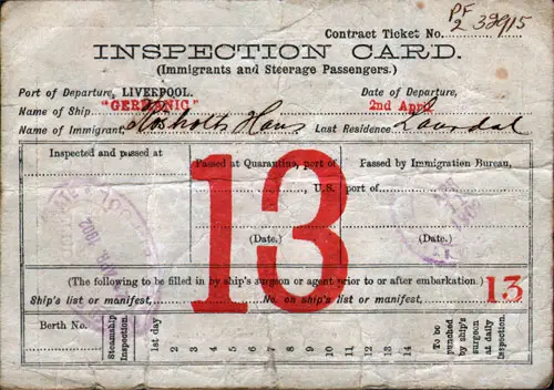 Inspection Card - White Star Line Germanic - 1902 Hans Johansen Rosholt