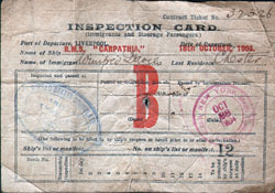 Immigrant Inspection Card from the RMS Carpathia.