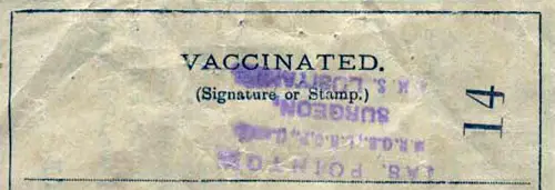 Vaccinated (Signature or Stamp) Close-up of Section. Stamped with Las. Pointon, M.R.O.E., L.N.O.P, Surgeon, RMS Lusitania.