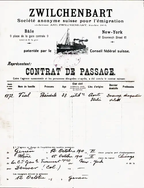 1910 Passage Contract for Italian Immigrant