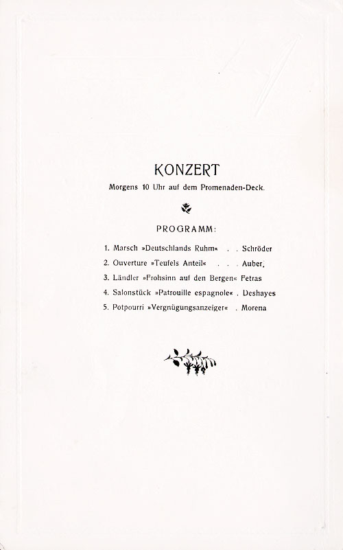 Concert Program, 10 a.m. on the Promenade Deck, SS Bremen Daily Menu, 2 July 1925.