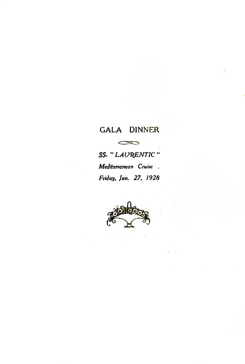 Title Page, SS Laurentic Gala Dinner Menu, 27 January 1928.