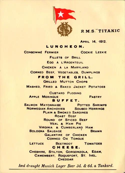 Menu Card - Luncheon Menu, RMS Titanic, 14 April 1912