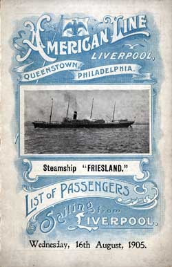 Passenger Manifest Cover, August 1905 Westbound Voyage - SS Friesland 