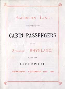 Passenger Manifest Cover, September 1895 Westbound Voyage - SS Rhynland