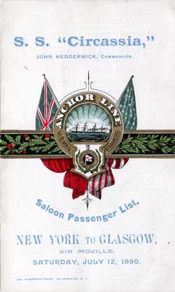 Anchor Line Passenger Manifest from 1890 on board the SS Circassia - Saloon Passengers