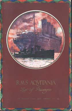 Passenger Manifest, Cunard Line Aquitania, Saloon Passengers 1921