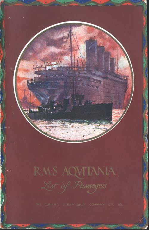 Front Cover of a Cabin Passenger List for the RMS Aquitania of the Cunard Line, Departing Saturday, 25 June 1921 from Southampton to New York via Cherbourg