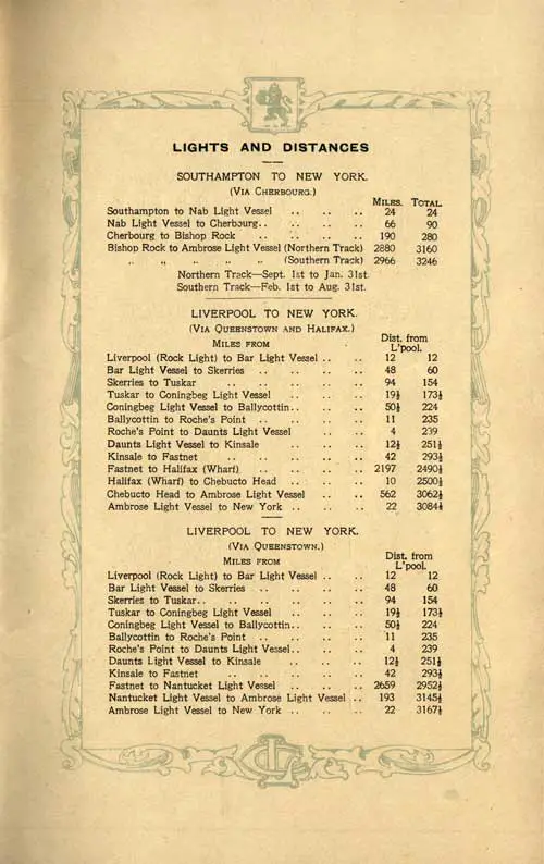 Lights and Distances, Southampton to New York via Cherbourg, Liverpool to New York via Queenstown (Cobh) and Halifax, and Liverpool to New York via Queenstown (Cobh).