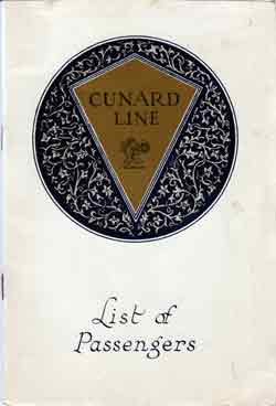 Passenger List, Cunard Line RMS Aquitania - Aug 1927 (2nd Class)