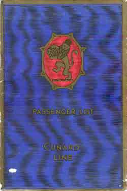Passenger List, Cunard Line RMS Fanconia II - Sep 1927