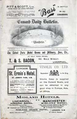 Passenger Manifest, RMS Umbria, Cunard Line, July 1905, Liverpool to New York 