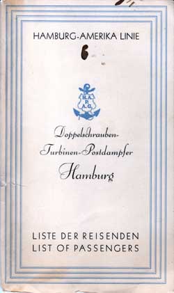 Passenger Manifest for the Hamburg Amerika Linie - Hamburg 1929
