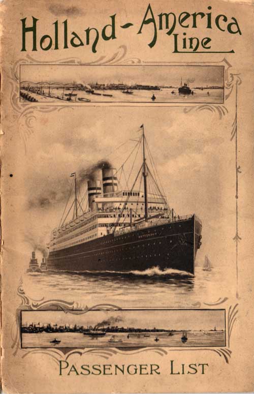 Front Cover of a Cabin Passenger List for the SS Rotterdam of the Holland-America Line, Departing 27 August 1910 from Rotterdam to New York via Boulogne-sur-Mer