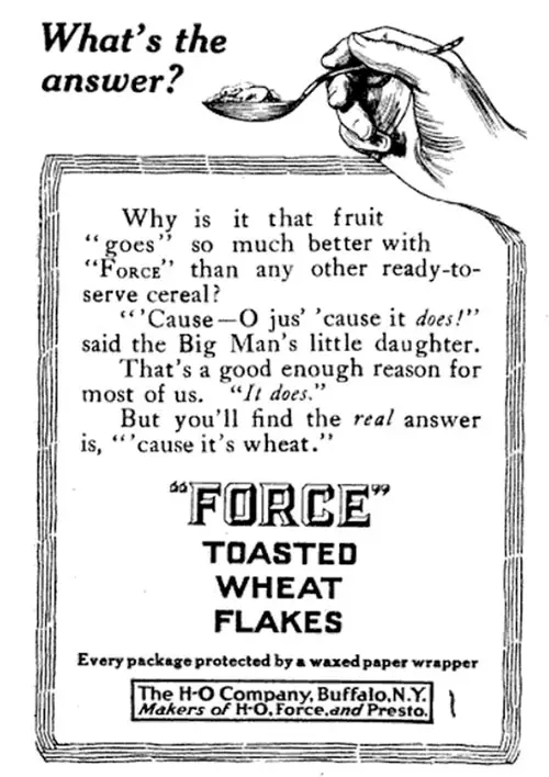 HO "FORCE" Toasted Wheat Flakes 1914 Ad